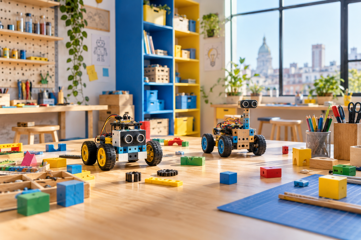 Mesa de taller con kits de construcción modular, engranajes y modelos de robótica recreativa